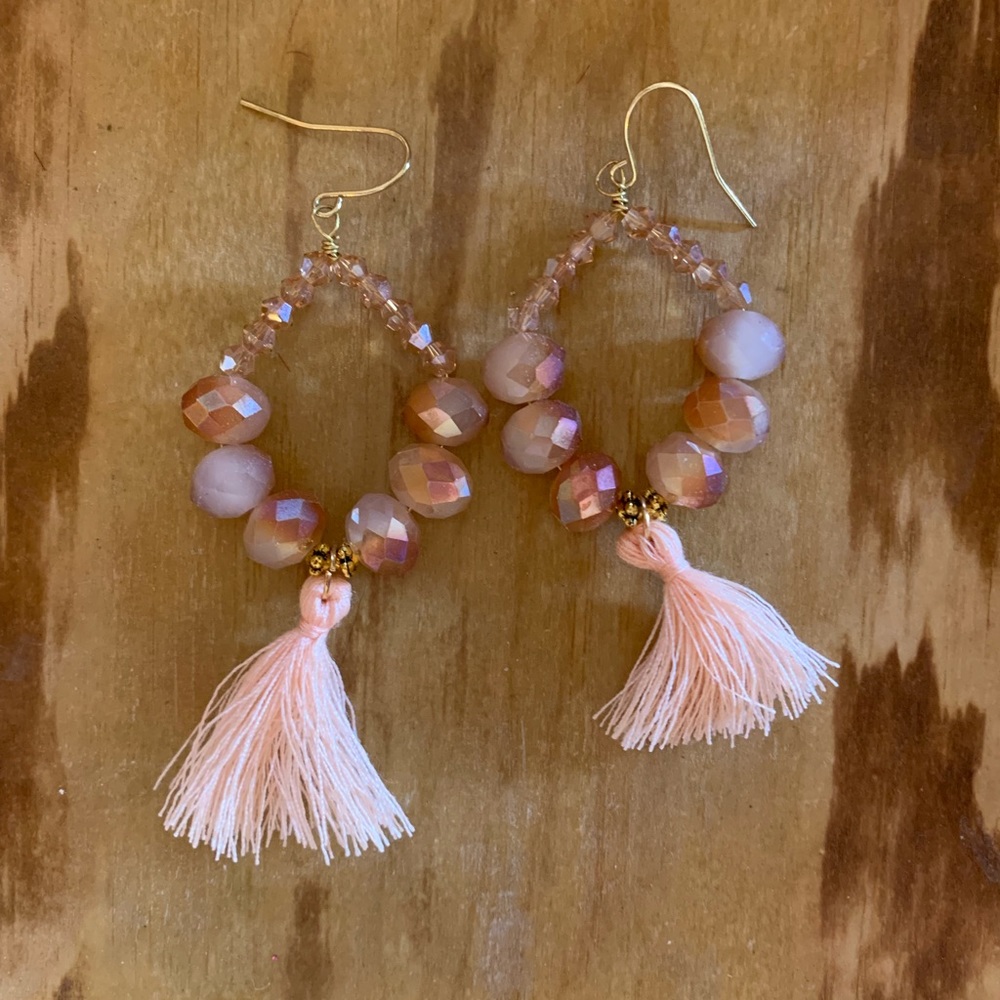 Hand made pink/orange fringe earrings
